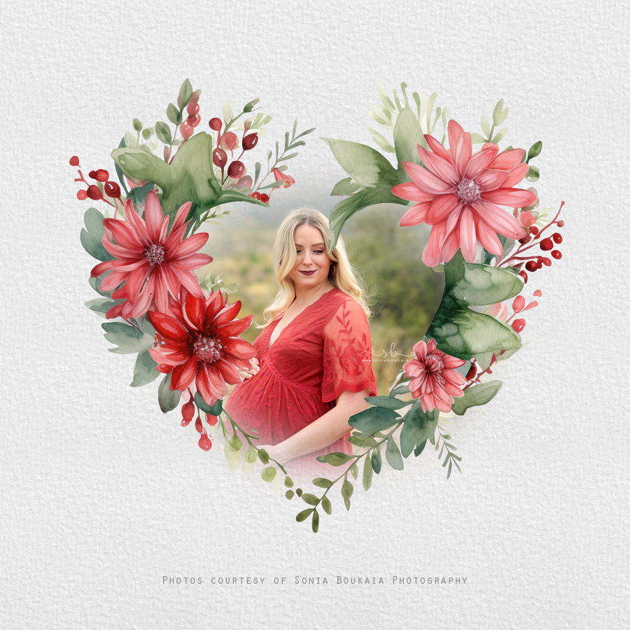 Watercolor Heart Wreath Frame – Red Bloom –