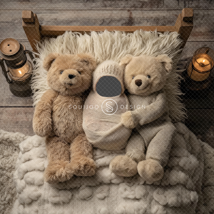 Face Insert Newborn Digital Backdrop - Bears On Bed - Image 2
